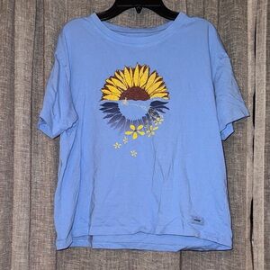 Life Is Good Blue Crusher Boxy Tee with Sunflower Graphic